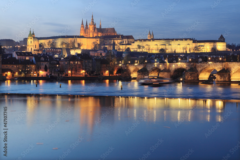 Prague gothic Castle with Charles Bridge after Sunset, Czech