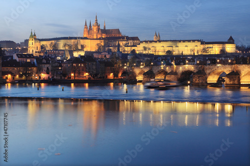 Prague gothic Castle with Charles Bridge after Sunset, Czech