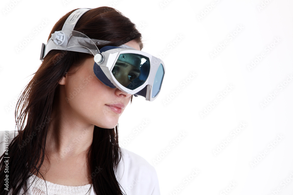 Frau mit Laser Schutz Brille Porträt Frau mit Laser Schutz Brille Porträt