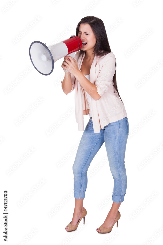 Woman shouting into a loud hailer Woman shouting into a loud hailer