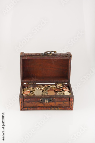 front view of the box with coins on white