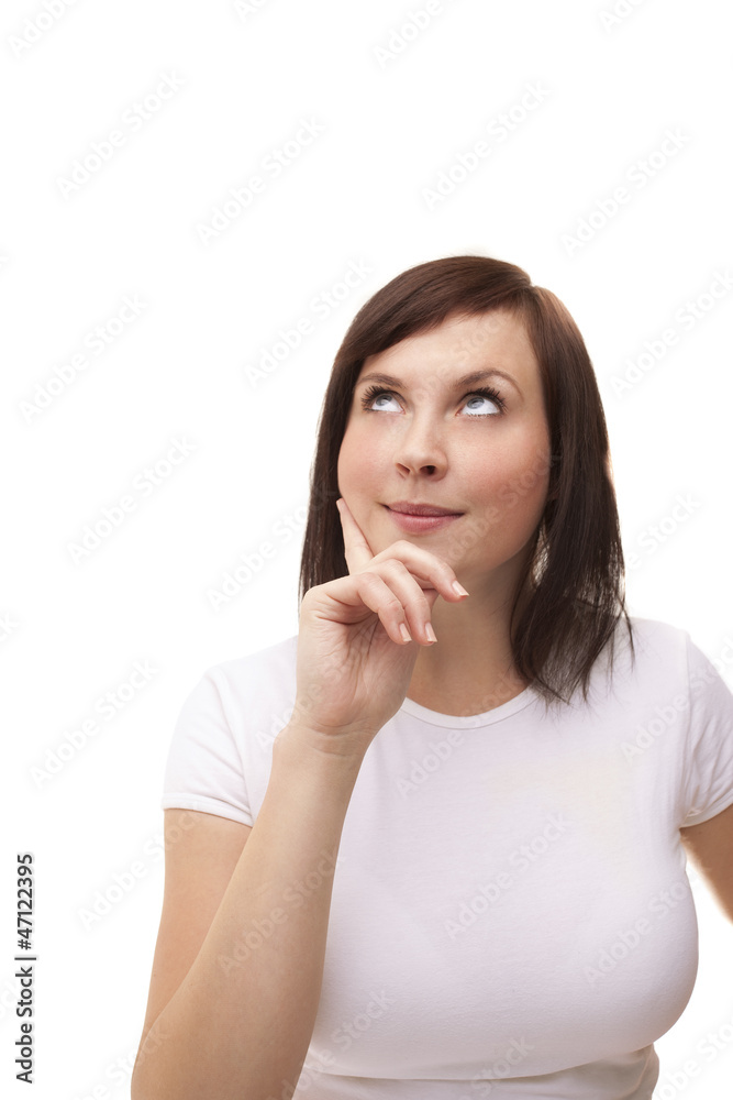serious young woman thinking about something and looking up. Stu serious young woman thinking about something and looking up. Stu