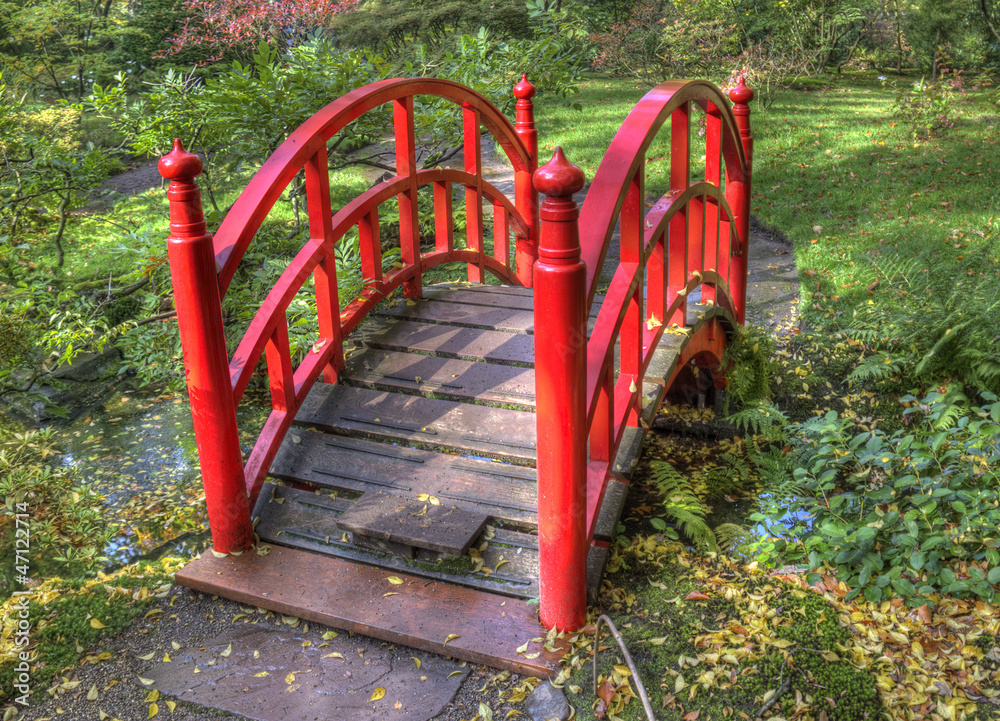Red Bridge in Japanese Garden