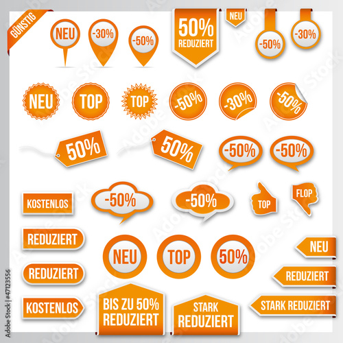 Vector orange price tags, labels, stickers, arrows and ribbons