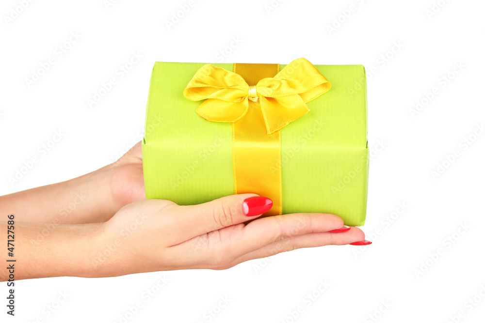 woman holds box with gift on white background close-up woman holds box with gift on white background close-up