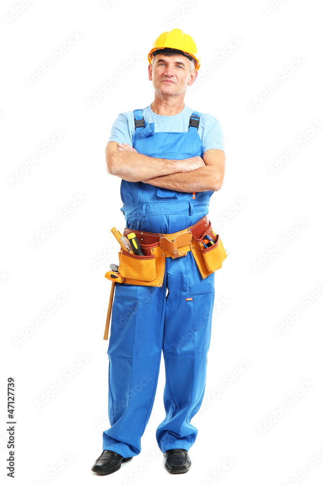 Male builder in yellow helmet isolated on white