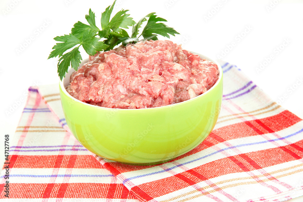 Bowl of raw ground meat isolated on white Bowl of raw ground meat isolated on white
