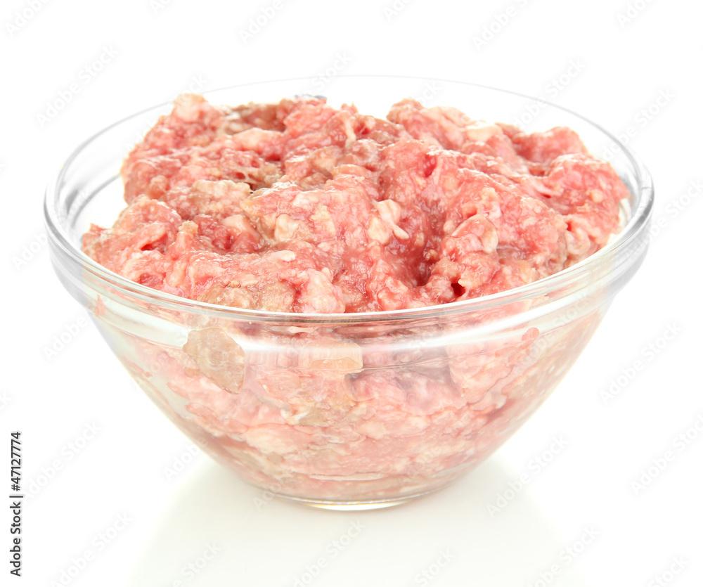 Bowl of raw ground meat isolated on white Bowl of raw ground meat isolated on white