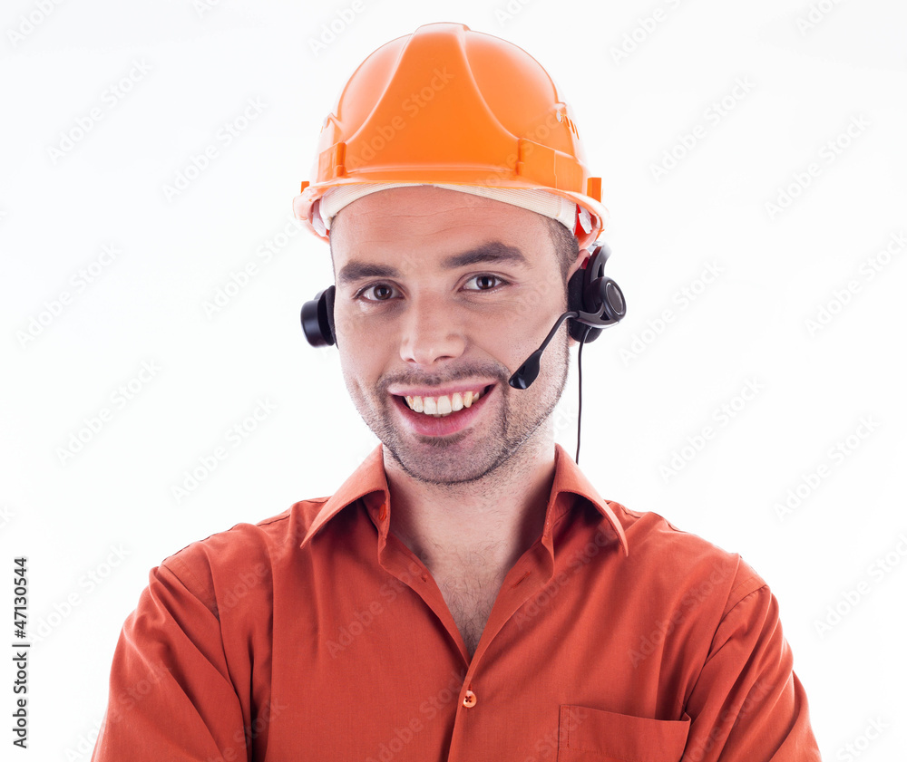 A builder with headphones A builder with headphones