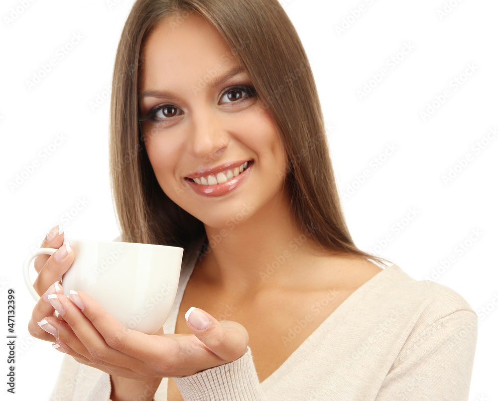 beautiful young woman with cup of coffee, isolated on white beautiful young woman with cup of coffee, isolated on white