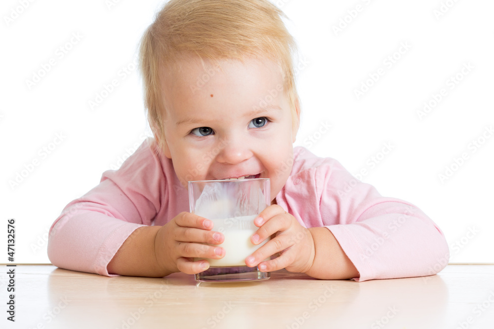 little child drinking yogurt or kefir over white little child drinking yogurt or kefir over white