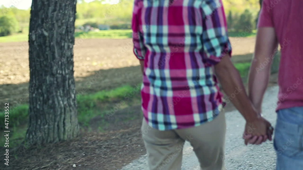 Couple walking and holding hands in the park, crane shot Couple walking and holding hands in the park, crane shot