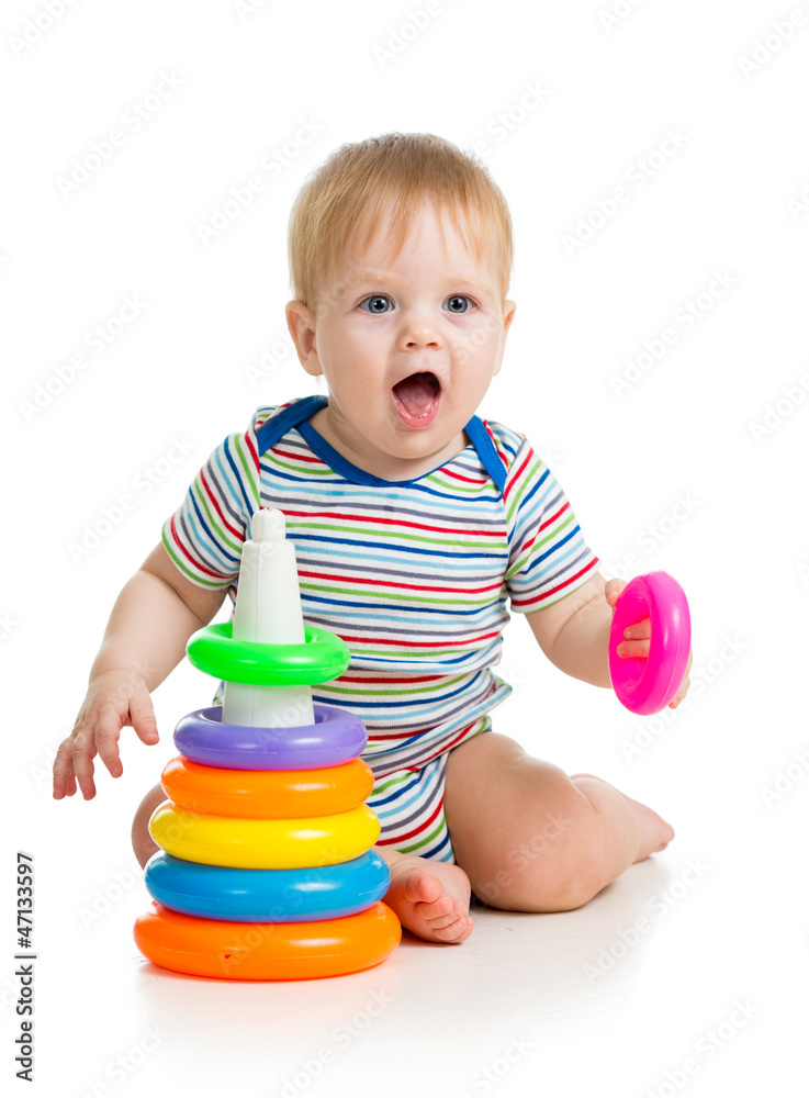 funny baby boy playing with colorful toy isolated on white funny baby boy playing with colorful toy isolated on white