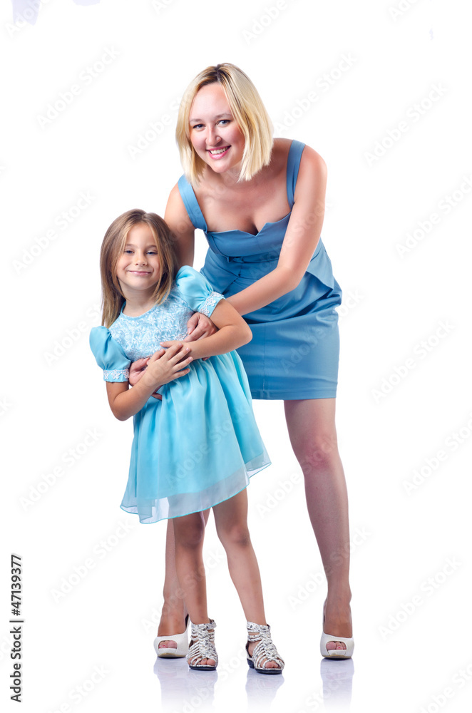 Happy mom and daughter on white Happy mom and daughter on white