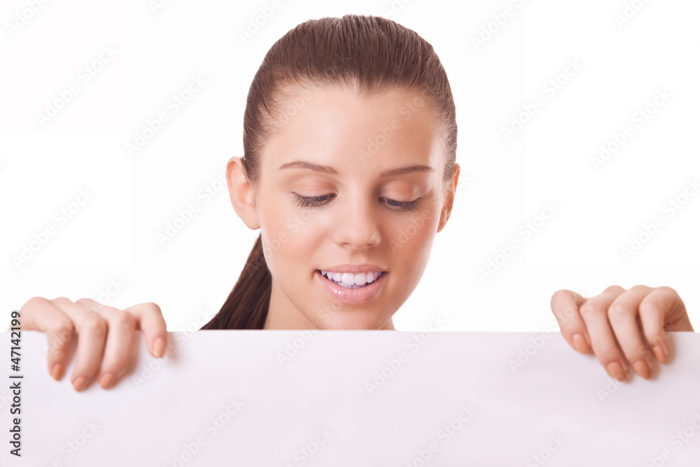 woman looking at blank board woman looking at blank board