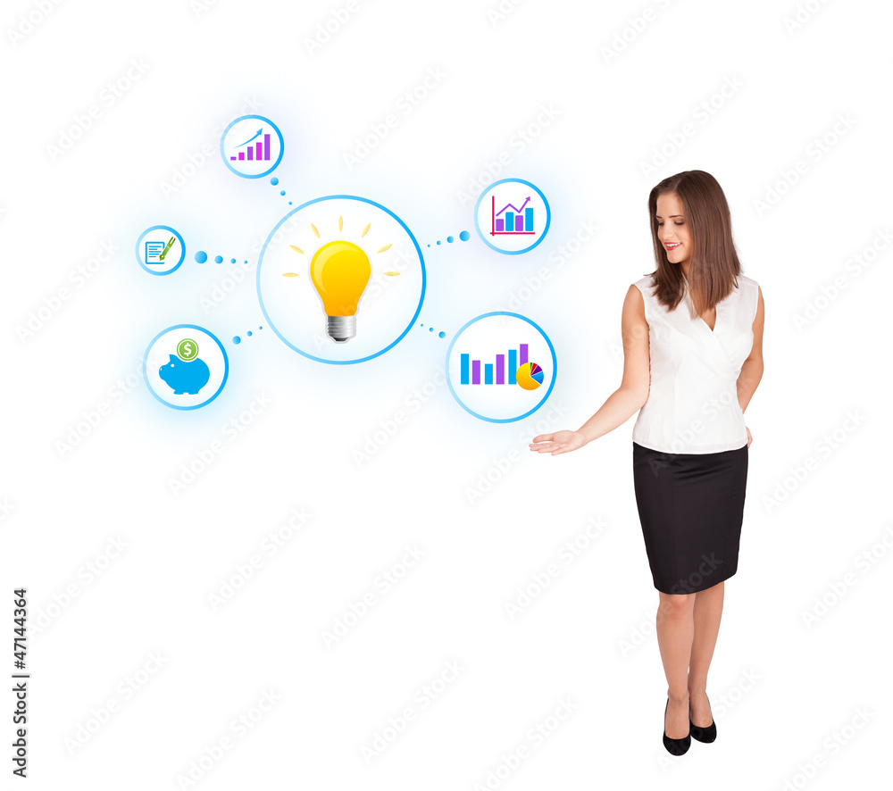 Young woman presenting light bulb with colorful graphs and diagr Young woman presenting light bulb with colorful graphs and diagr