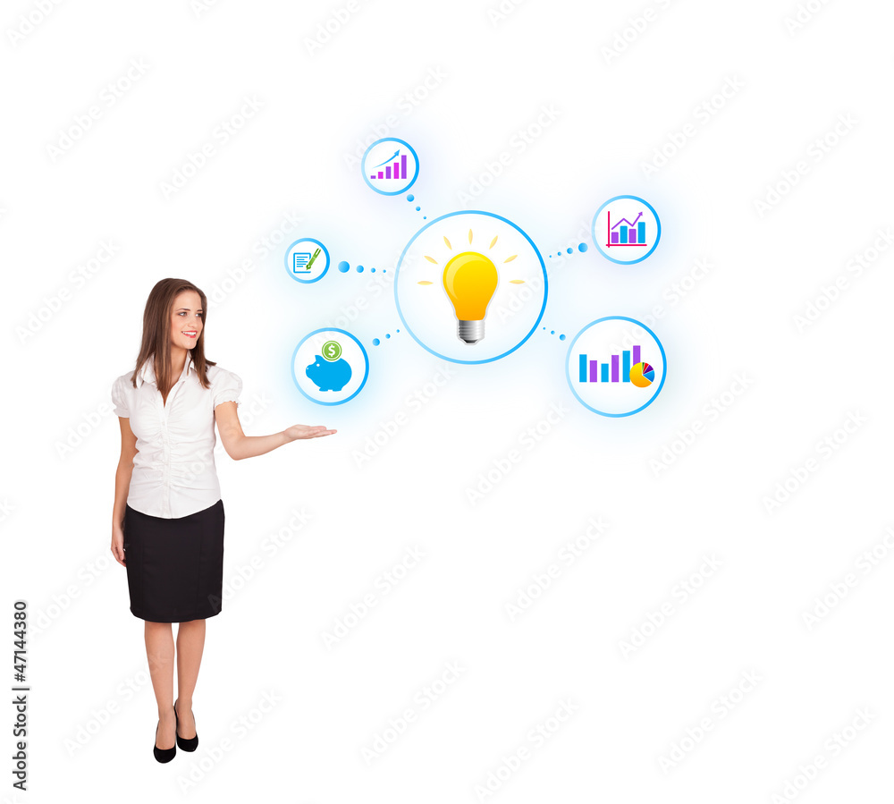 Young woman presenting light bulb with colorful graphs and diagr Young woman presenting light bulb with colorful graphs and diagr