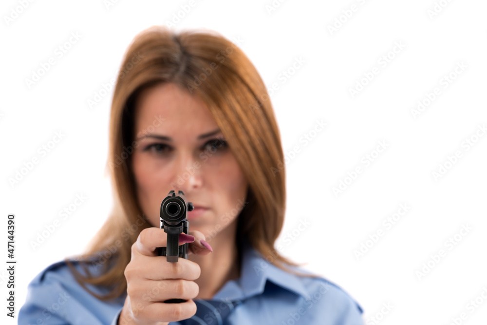 Lady cop posing with gun on white background Lady cop posing with gun on white background