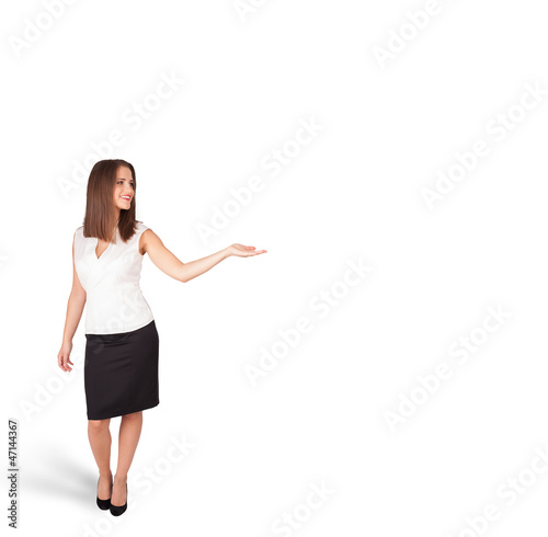 young woman presenting white copy space