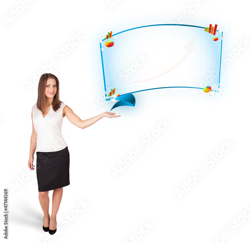 Young woman presenting abstract copy space with graphs and diagr photo