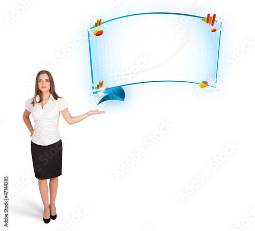 Young woman presenting abstract copy space with graphs and diagr photo