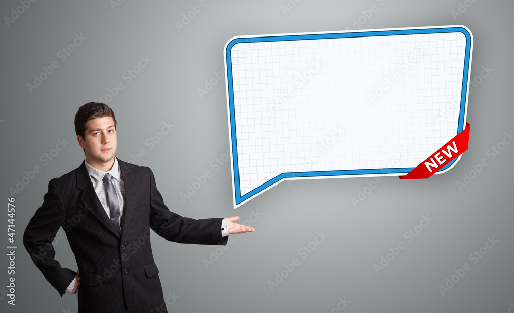 young man presenting modern speech bubble copy space young man presenting modern speech bubble copy space