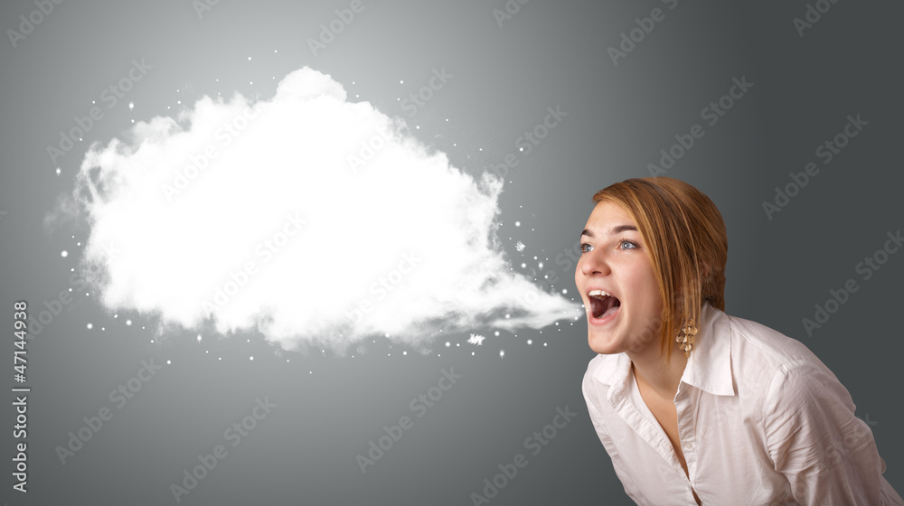 Young woman with abstract modern speech bubble Young woman with abstract modern speech bubble