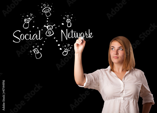 Woman draving social network theme on whiteboard