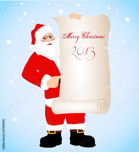 on the image cheerful Santa Claus with a banner