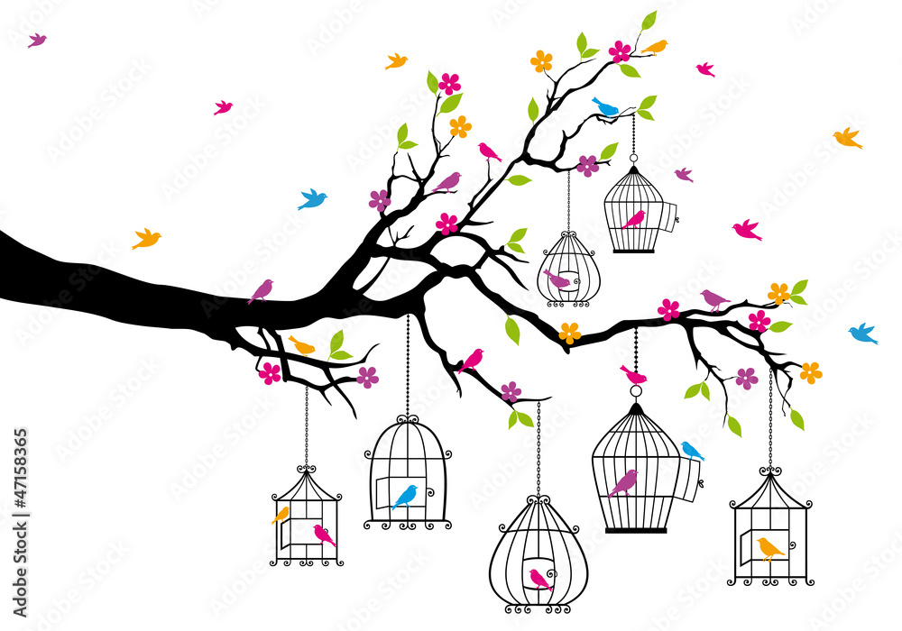 tree with birds and birdcages, vector - obrazy, fototapety, plakaty 