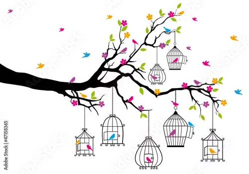 Naklejka na ścianę drzewo z ptakami i klatki dla ptaków, wektor