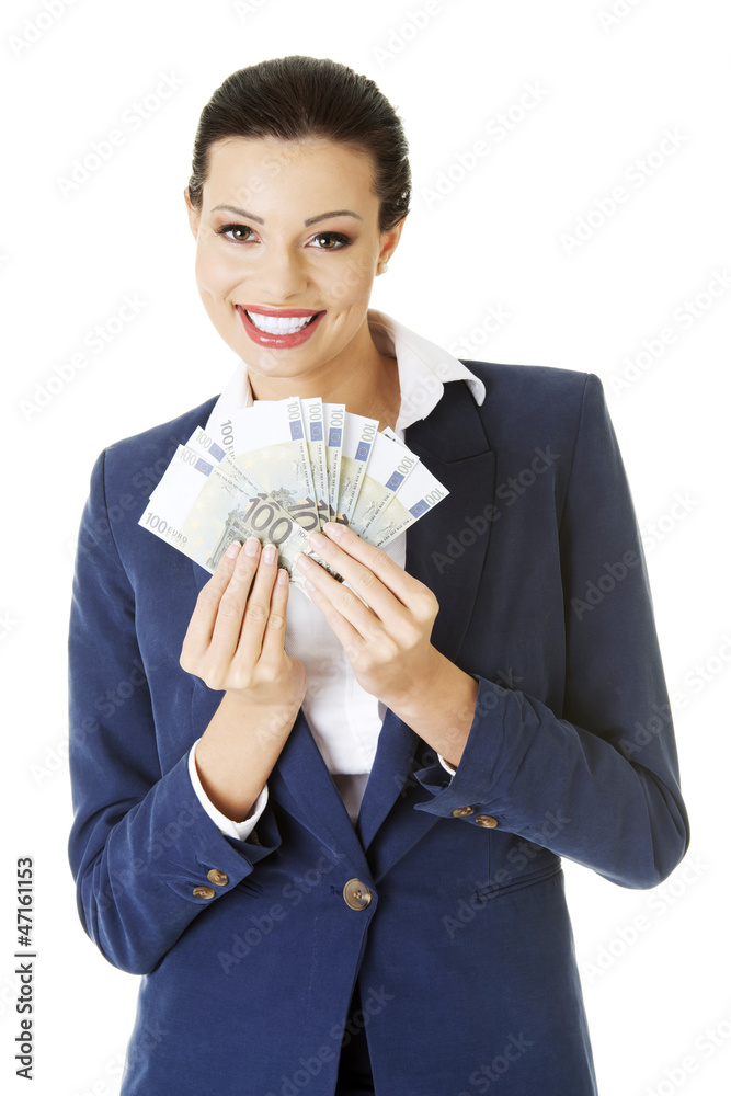 Happy woman holding euro money Happy woman holding euro money