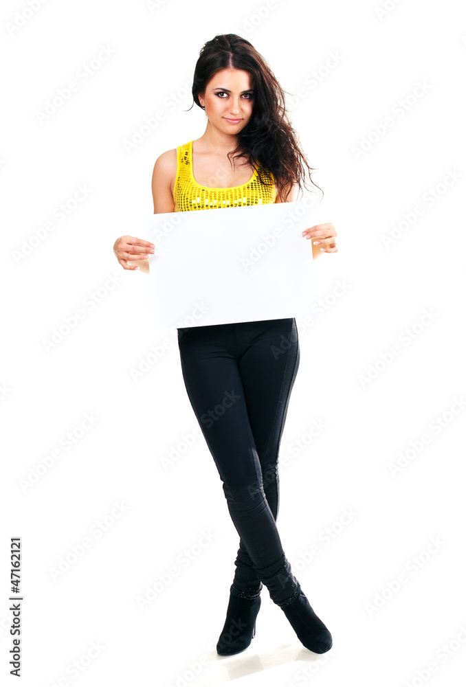beautiful brunette with a clean sheet of paper beautiful brunette with a clean sheet of paper
