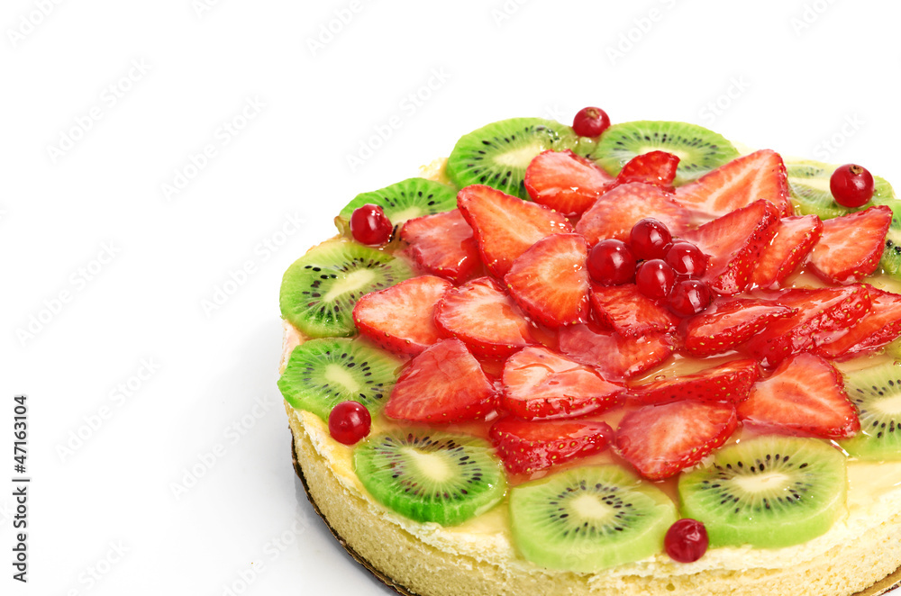 cake with strawberries and kiwi isolated on white background cake with strawberries and kiwi isolated on white background