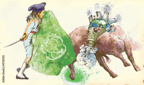 green nature-monster of globalization fights with toreador
