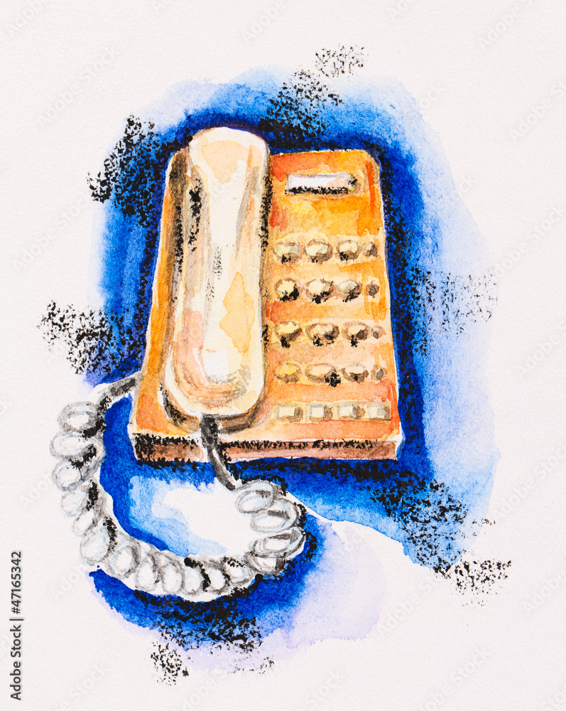 Fototapeta premium Orange push-button telephone on blue, watercolor with slate-penc