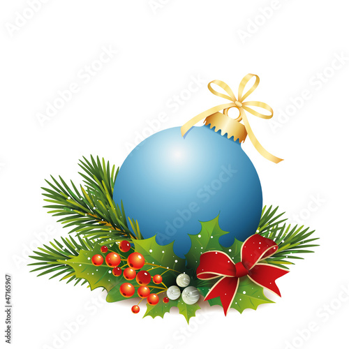 Blaue Weihnachtskugel mit Tannenzweige