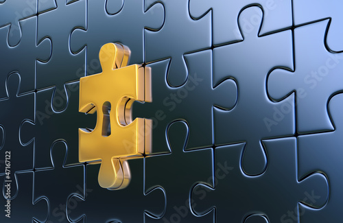 Last golden piece of metallic puzzle with keyhole