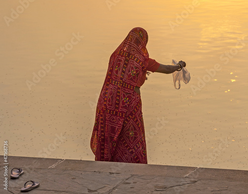 woman feeds the fishes in the holy lake in Pushkar photo