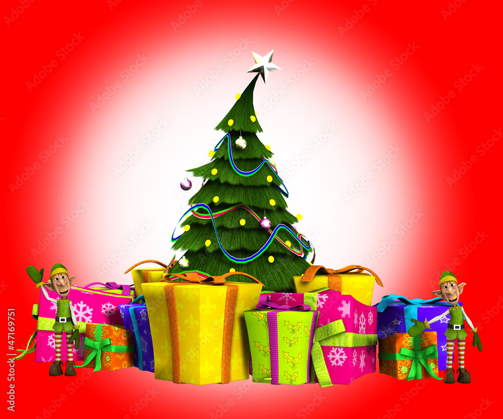 Mini Elves On Presents With Christmas Tree