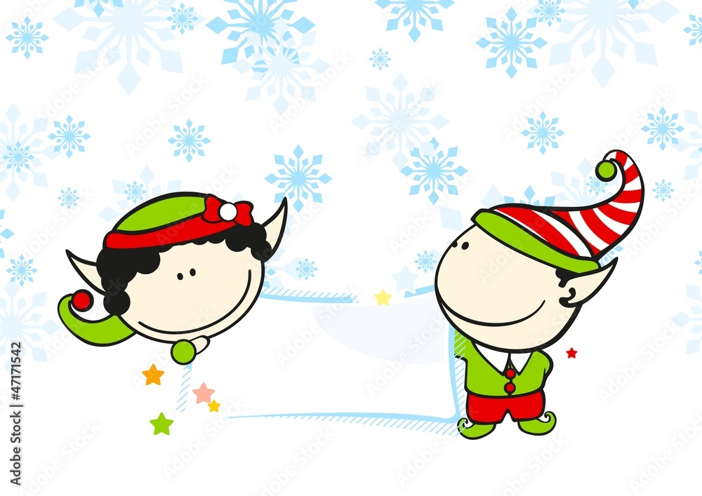 Christmas card with two elves holding a banner Christmas card with two elves holding a banner