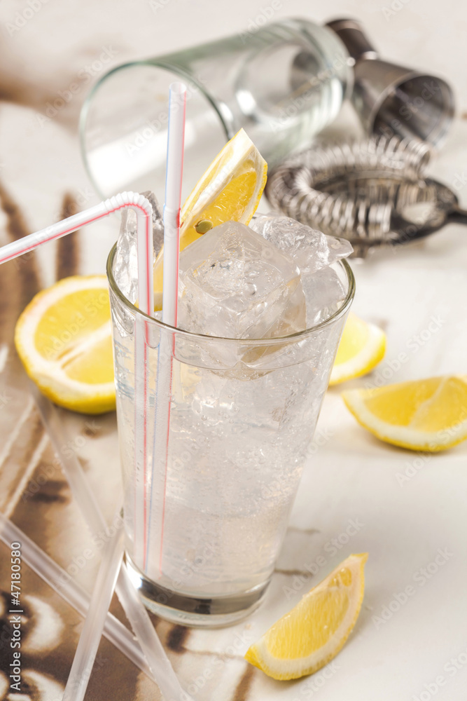 Refreshing clear, lemon drink and ice Refreshing clear, lemon drink and ice