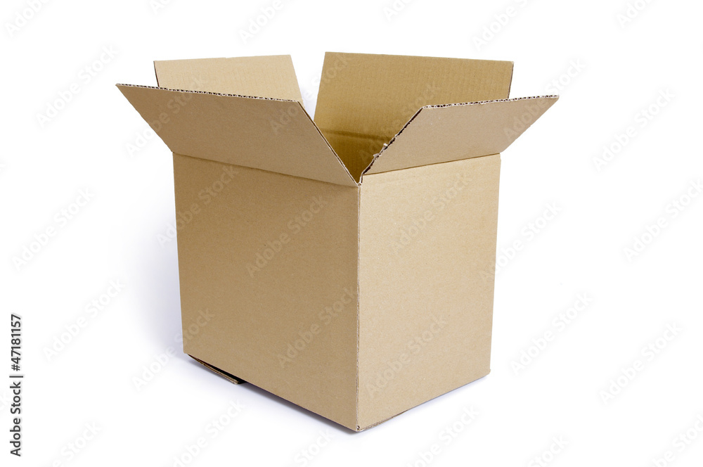 Empty, open cardboard box on the white background