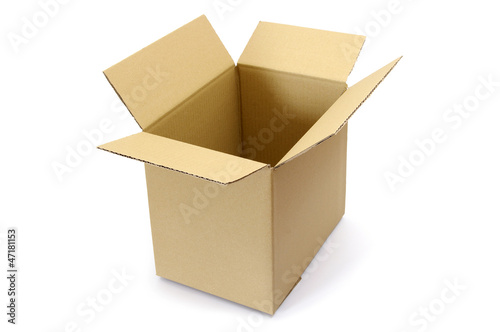 Empty, open cardboard box on the white background