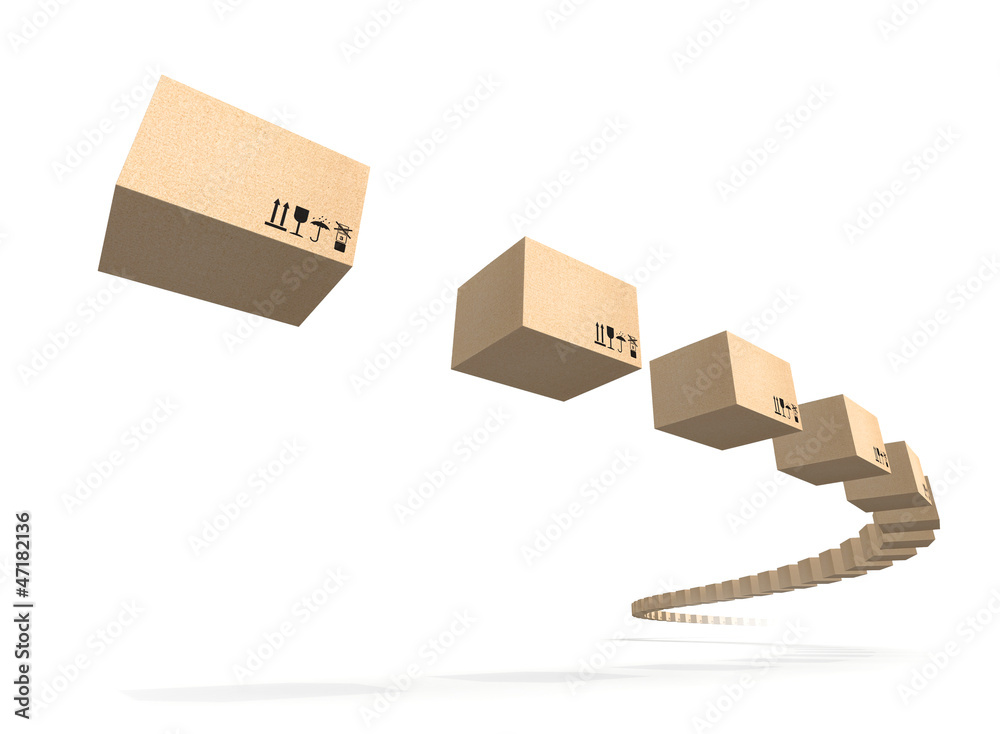 Stream of flying cardboard boxes isolated on white Stream of flying cardboard boxes isolated on white