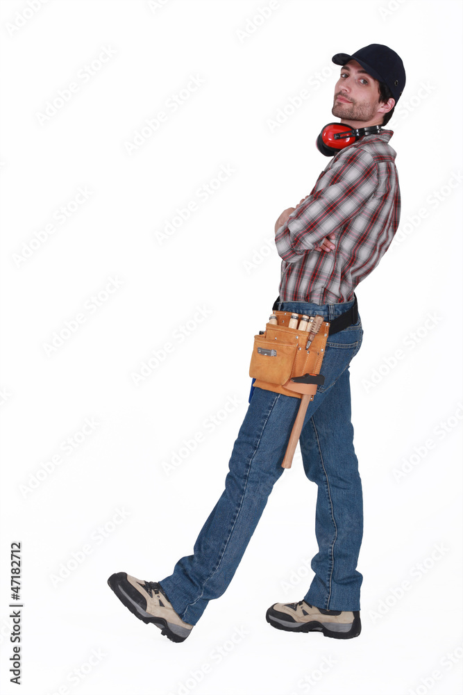 portrait of craftsman in profile standing isolated on white portrait of craftsman in profile standing isolated on white