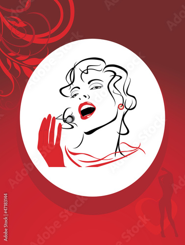 Portrait of a beautiful singing woman in the decorative frame