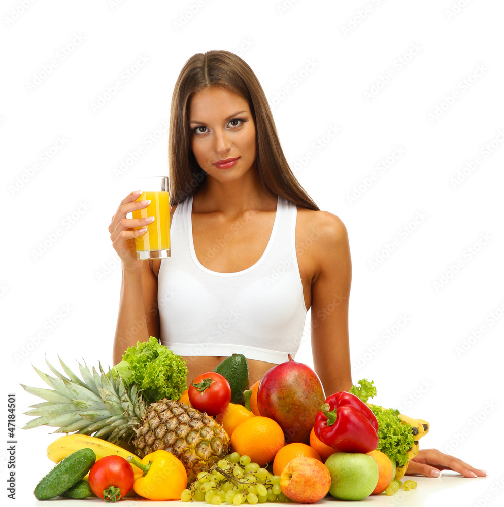 beautiful young woman with fruits and vegetables and glass of beautiful young woman with fruits and vegetables and glass of