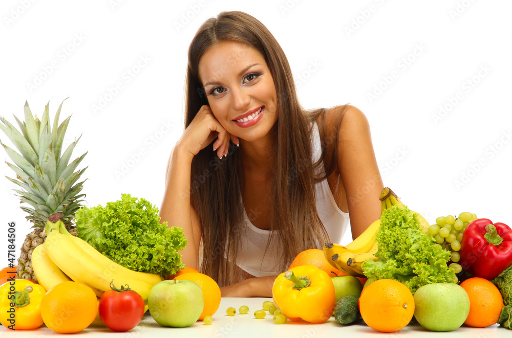 beautiful young woman with fruits and vegetables, isolated beautiful young woman with fruits and vegetables, isolated