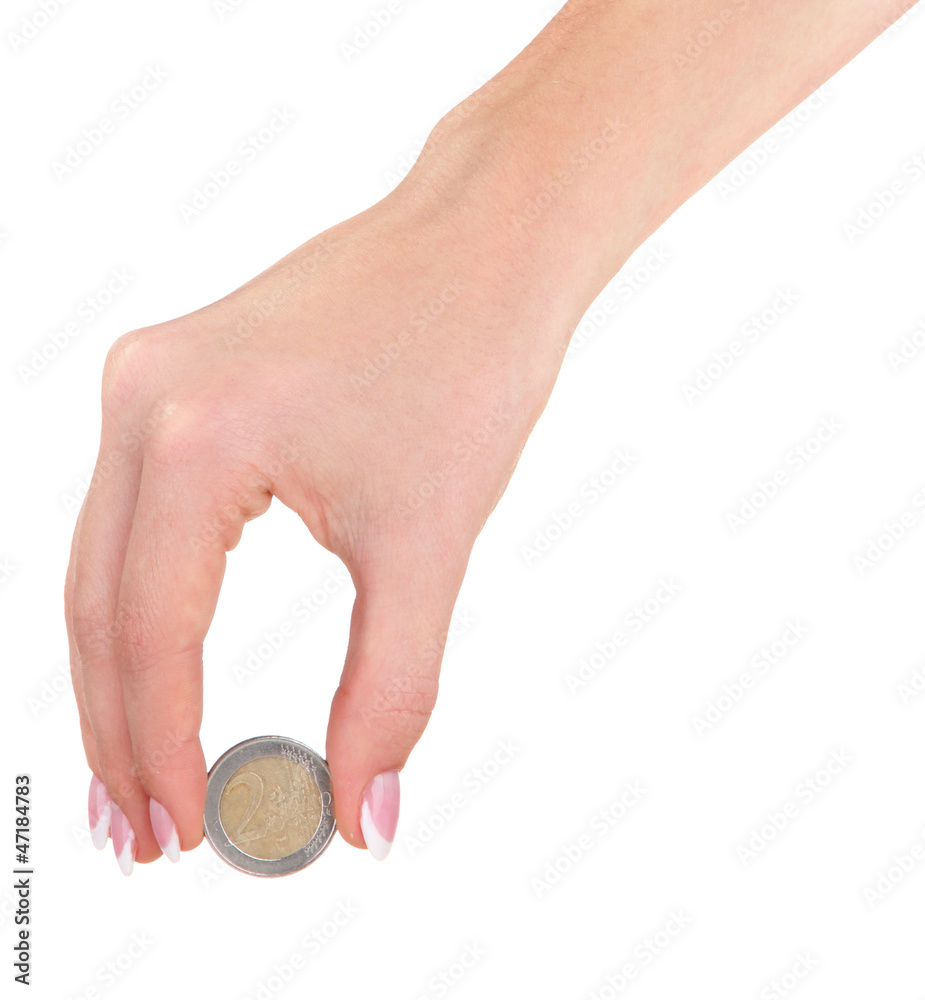 Woman hand with euro coin, isolated on white Woman hand with euro coin, isolated on white